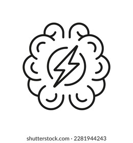 Depression, Migraine Linear Pictogram. Stress, Mental Ill Concept Line Icon. Distress Outline Sign. Human Brain with Lightning Headache Symbol. Editable Stroke. Isolated Vector Illustration.