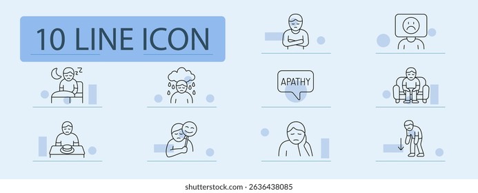 Depression monochrome set icon. Man lying in bed, crying under rain, closed pose, apathy bubble, sad face, man on sofa, no appetite, mask smile, fatigue, hopelessness