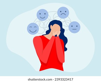 depression with mood, Woman in depression with bewildered thoughts in her brain. happy ,sad,unhappy,suffers from Bipolar disorder.Psychology and mental health vector illustration