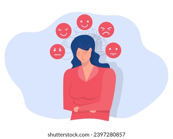 depression with mood, Woman in depression with bewildered thoughts in her brain. happy ,sad,unhappy,suffers from Bipolar disorder.Psychology and mental health vector illustration