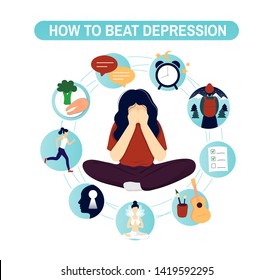 Depression natural treatment infographic concept. Flat modern trendy style.Vector illustration character icon. Isolated on white background. Nine ways to overcome depression.