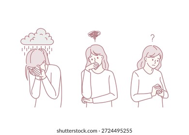 Depression negative Gedanken Frustration Konzept. Junge Mädchen weinend mit Depression Denken mit tiefen Gedanken Gefühl Zweifel Vektorgrafik