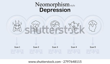Depression neomorphism set icon. Emotional breakdown, rainy isolation, thunderstorm headache, psychological panic, stormy thoughts, mental suffering, anxiety condition, sadness