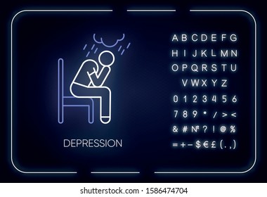 Depression neon light icon. Sad and worried man. Crying person. Chronic exhaustion and fatigue. Mental disorder. Glowing sign with alphabet, numbers and symbols. Vector isolated illustration