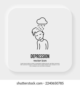 Depression, neurosis, emotional burnout, sad man with rain sign. Negative emotion. Post-covid syndrome. Thin line icon. Vector illustration.