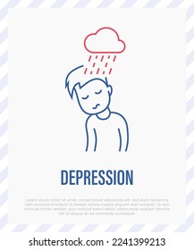 Depression, neurosis, emotional burnout, sad man with rain sign. Negative emotion. Post-covid syndrome. Thin line icon. Vector illustration.