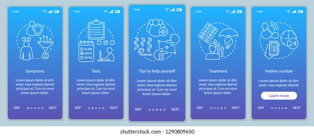 Depression overcoming onboarding mobile app page screen vector template. Symptoms, tests, treatment. Walkthrough website steps with linear illustrations. UX, UI, GUI smartphone interface concept