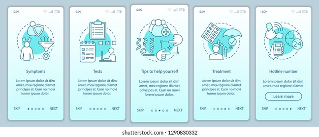 Depression overcoming onboarding mobile app page screen vector template. Symptoms, tests, treatment. Walkthrough website steps with linear illustrations. UX, UI, GUI smartphone interface concept