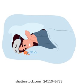 Depression, overdose, frustration, addiction concept. Depressed unhappy frustrated young woman lying in bed with open bottle of pills. Suffering from insomnia or mental stress psychological problem.