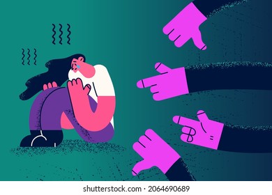 Depression and people influence bullying concept. Human hands pointing at sad depressed crying sitting woman making her guilty and not normal vector illustration 