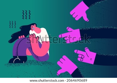 Depression and people influence bullying concept. Human hands pointing at sad depressed crying sitting woman making her guilty and not normal vector illustration 