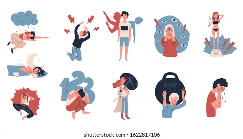 Depression people suffering from stress, vector illustration. Unhappy cartoon characters with mental health disorders, anxiety and insomnia. Set of stickers with depressed cartoon characters