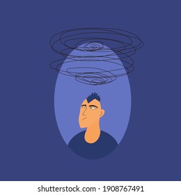 Depression. Porträt eines Jungen mit einigen geistigen Problemen. Männlicher Teenager mit vielen verwirrenden Gedanken. Junger Mann mit schlechter Laune. Person mit besonderen Bedürfnissen. Vektorflache Illustration.