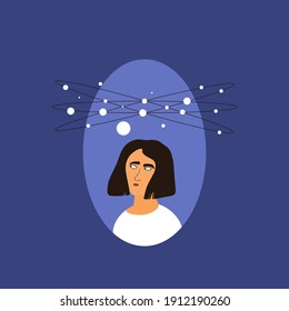 Depression. Portrait of woman with some mental issues. Female person with lot of confusing thoughts. Young lady with bad mood. Person with special needs. Vector flat icon illustration.