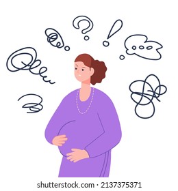 Depression pregnant woman. Depressed thoughts of adolescent mom, sad pregnancy question emotional girl, cartoon vector illustration. Pregnancy problem depression