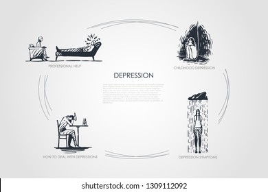 Depression - professional help, childhood depression, depression symptoms, how to deal with depression vector concept set. Hand drawn sketch isolated illustration