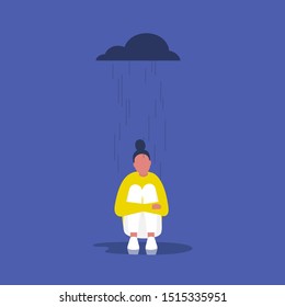 Depression. Psychology. Mental health. Rain. Cloud. Young female character sitting in the rain. Flat editable vector illustration, clip art. Concept