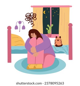 Depression. A sad girl sits in a room with bad thoughts in her head. Loneliness. Flat illustration