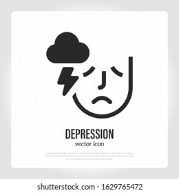 Depression: Sad Man With Sign Of Storm. Bad Mood. Negative Emotion. Thin Line Icon. Vector Illustration.