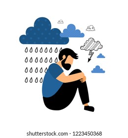 Depression. Sad unhappy young man sitting under rain cloud. Flat vector illustration.