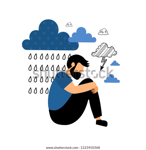 憂鬱 雨雲の下に座っている悲しい不幸な青年 平らなベクターイラスト