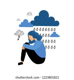 Depression. Sad unhappy young woman sitting under rain cloud. Flat vector illustration.