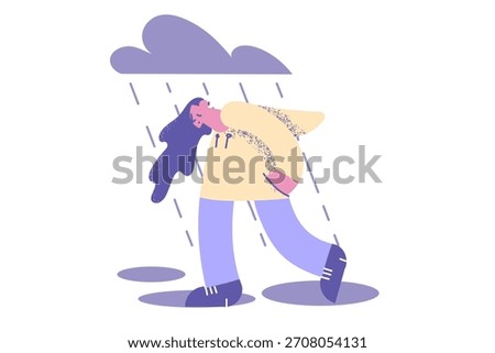 Depression, sadness, feeling lonely concept. Young sad depressed lonely woman walking alone across street with rain and storm with thunder above vector illustration