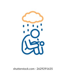 Depression and sadness icon. Vector thin line illustration with editable stroke showing emotional pain, loneliness and mental health struggles. Person sitting down with a rainy cloud above his head