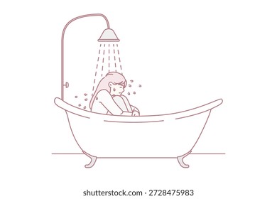 Depression Traurigkeit Einsamkeit negative Gedanken Konzept. Junge Mädchen sitzen in Kleidung im Badezimmer Gefühl allein mit tiefen Gedanken Vektorgrafik