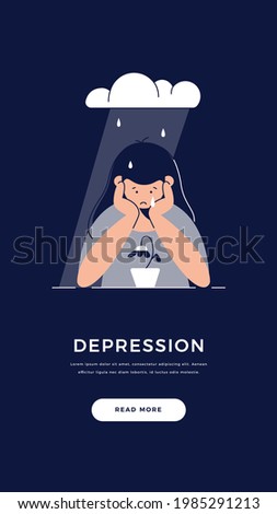Depression, sadness, mental illness banner. Upset woman is melancholy, in despair, sorrow about sad event. Mental disorder, depression, distress concept for website design. Flat vector illustration