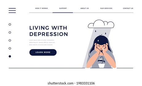 Depression, Traurigkeit, psychische Erkrankungen Web-Vorlage. Trauriges, unglückliches Mädchen sitzt unter Regenwolke, fühlt sich traurig, traurig. Psychische Störung, Trauer, Depressionskonzept . Flache Vektorgrafik