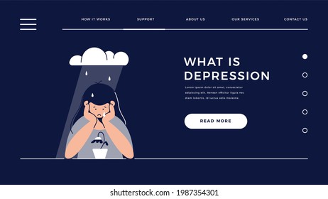 Depression, sadness, mental illness web template. Upset woman is melancholy, in despair, sorrow about sad event. Mental disorder, depression, distress concept for homepage. Flat vector illustration