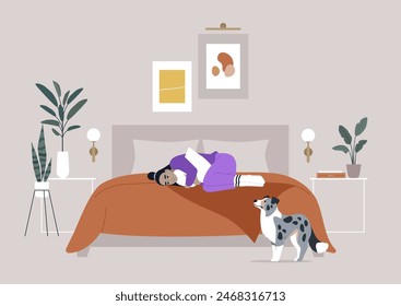 Depression and sadness, A sad person in purple pajamas is curled up on an orange bed, with a worried collie standing nearby, the contemporary room features framed art, plants, and stylish decor