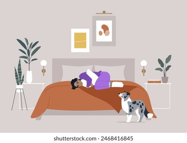 Depression and sadness, A sad person in purple pajamas is curled up on an orange bed, with a worried collie standing nearby, the contemporary room features framed art, plants, and stylish decor