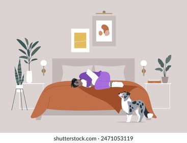 Depresión y tristeza, Una persona triste en pijama morado se acurruca en una cama naranja, con un collie preocupado de pie cerca, la habitación contemporánea cuenta con arte enmarcado, plantas, y una decoración elegante