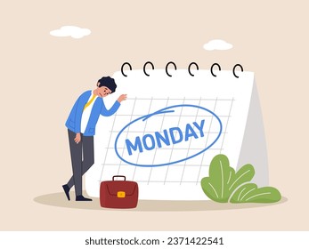 Trabajador de la depresión o la tristeza. El lunes, los azules, cansados y temerosos del trabajo rutinario en la oficina, somnolientos y frustrados en la mañana, el lunes, un hombre de negocios cansado y dormido va a trabajar con el calendario que se muestra el lunes.