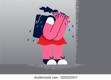 Depression, school abuse and harassment concept. Small sad depressed schoolgirl standing alone crying feeling lonely after school lessons vector illustration 