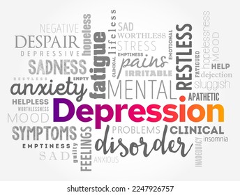 Depression - serious medical illness that negatively affects how you feel, the way you think and how you act, word cloud concept background