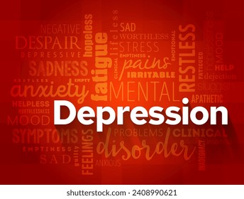 Depression - serious medical illness that negatively affects how you feel, the way you think and how you act, word cloud concept background