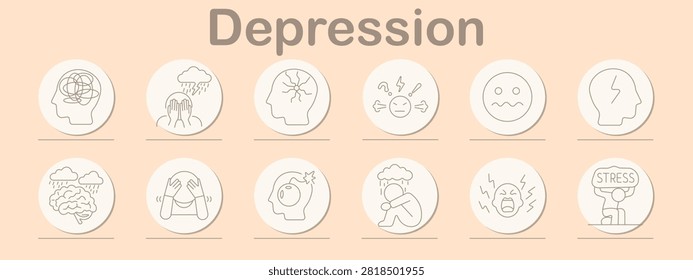 Depression set icon. Emotional breakdown, anxiety disorder, crying posture, nervous tension, psychological overload, frustrated expression, mental instability, panic reaction