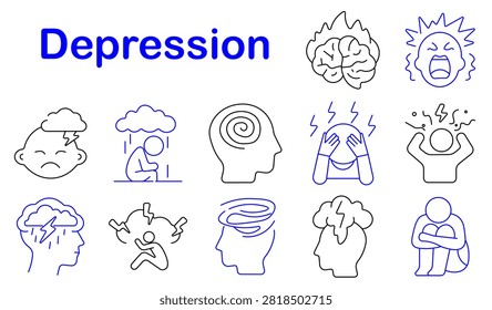 Depression set icon. Emotional breakdown, screaming expression, gloomy sadness, rainy loneliness, spiral thoughts, psychological pressure, panic reaction, storm anxiety, mental collapse, unstable