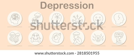 Depression set icon. Emotional breakdown, anxiety disorder, crying posture, nervous tension, psychological overload, frustrated expression, mental instability, panic reaction