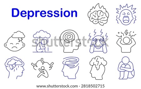 Depression set icon. Emotional breakdown, screaming expression, gloomy sadness, rainy loneliness, spiral thoughts, psychological pressure, panic reaction, storm anxiety, mental collapse, unstable