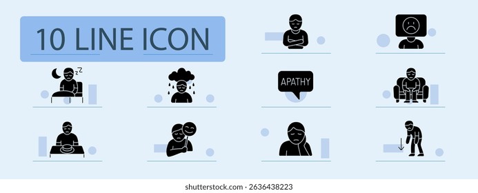 Depression set icon. Insomnia, sadness, apathy, emotional mask, helplessness, tiredness, poor appetite, hopelessness, anxiety, low energy, depression symptoms.