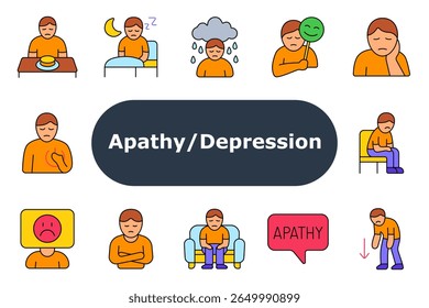 Depression set icon. Lack of appetite, sleep disturbance, sadness, fake smile, loneliness, fatigue, heart pain, emotionless, indifference, sitting still, speech bubble, slouched posture.