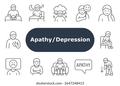 Ícone de conjunto de depressão Delineado ícones de baixo humor, insônia, emoção escondida, dor no coração, silêncio, tristeza, sentado quieto, lágrimas, expressão facial vazia, questões de postura, luta mental.