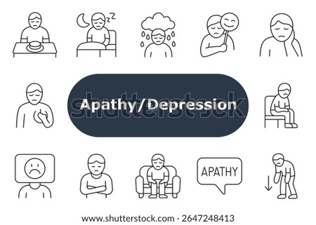 Depression set icon Outlined icons of low mood, insomnia, hidden emotion, heart pain, silence, sadness, sitting still, tears, empty facial expression, posture issues, mental struggle.