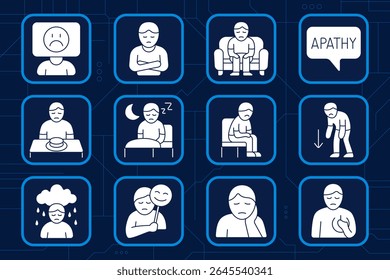 Depression set icon. Sad face, arms folded, sitting posture, apathy bubble, empty plate, insomnia, night sadness, low mood, rainy cloud, fake joy, emotional pain, mental exhaustion