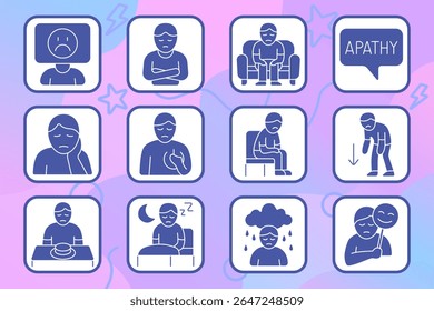 Depression set icon. Sad face, emotional pain, loneliness, apathy, fatigue, physical exhaustion, loss of appetite, sleep issues, fake smile, sadness, mental disorder.