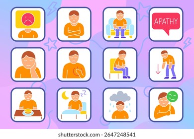 Depression set icon. Sad face, isolation, apathy, fatigue, poor appetite, sleep trouble, rainy mood, masked smile, emotional pain, mental decline, disinterest, sorrow.